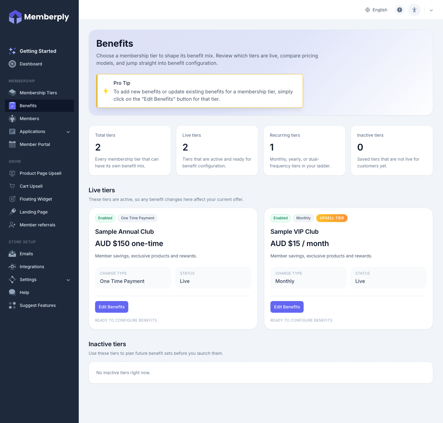 Select a membership tier and open Edit Benefits