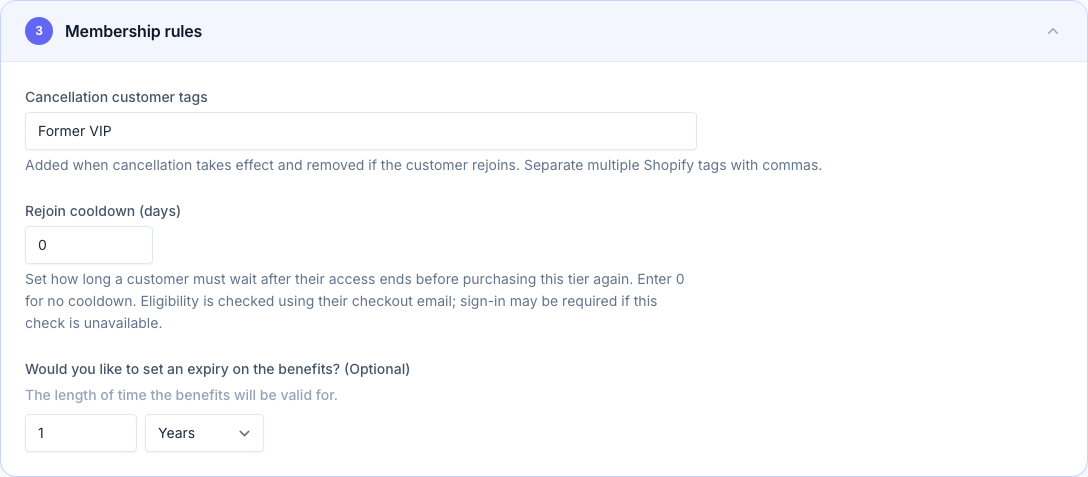 Membership rules with a one-year benefit expiry