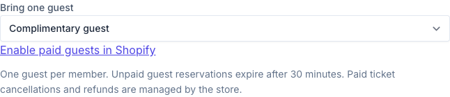 Bring one guest set to Complimentary guest, with the Enable paid guests in Shopify permission link below it