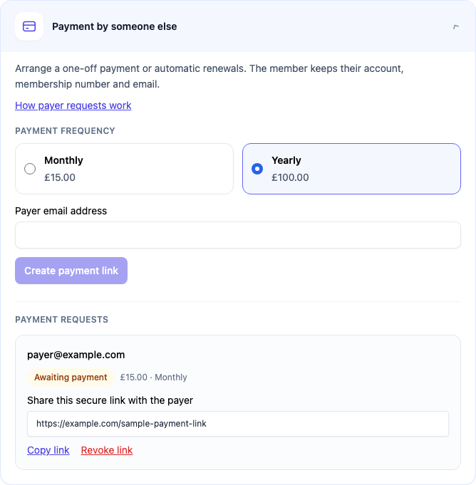 Sample payment request awaiting payment with Copy link and Revoke link controls