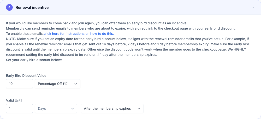 Renewal incentive settings with a percentage discount and expiry
