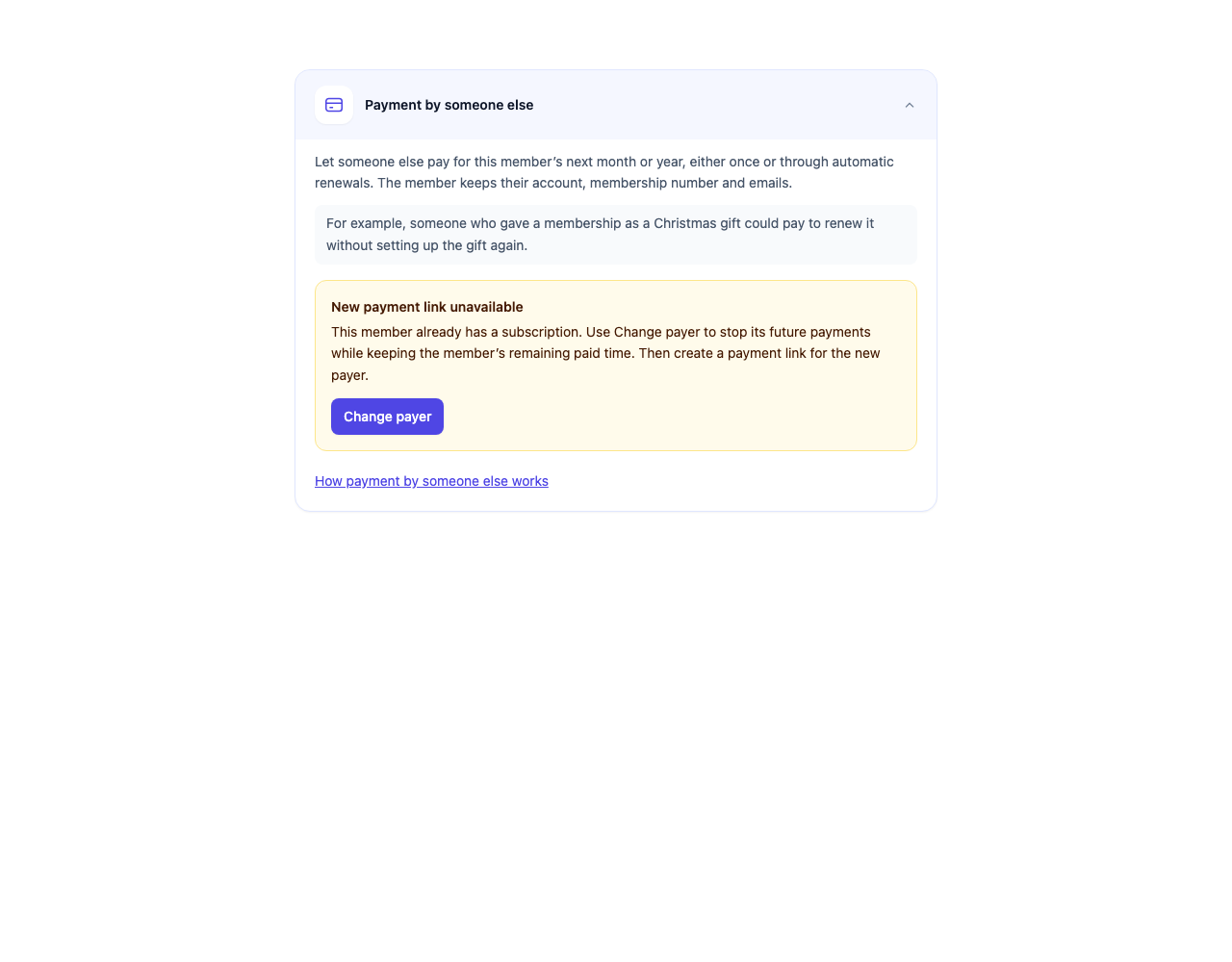 Payment by someone else panel with Change payer available for a sample member with an existing subscription