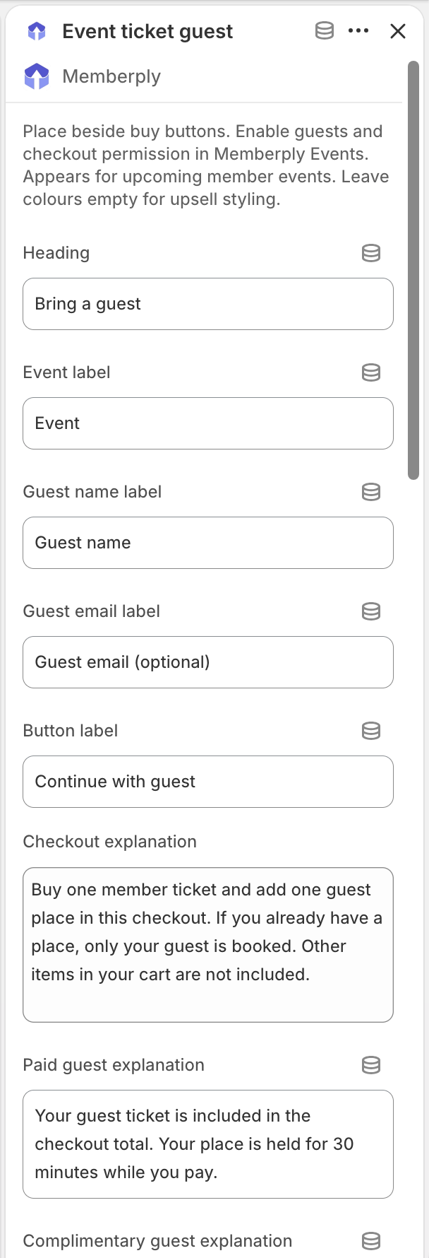 Shopify Event ticket guest settings showing the heading, guest name and email labels, Continue with guest button label, and checkout explanation