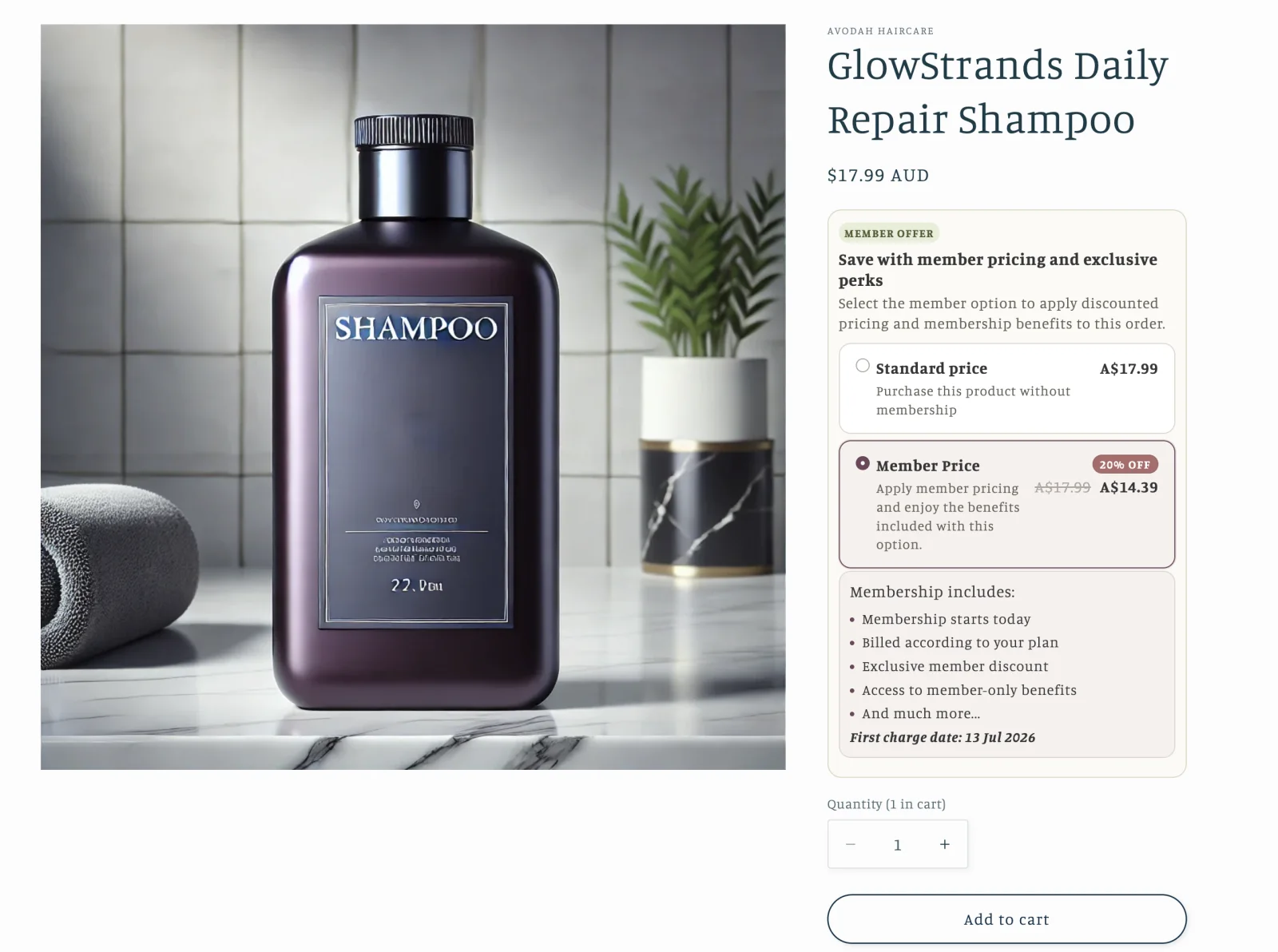 Example of the Memberply Product Page Upsell showing standard and member pricing on a Shopify product page