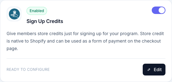 Sign Up benefit card with Enabled toggle and Edit button
