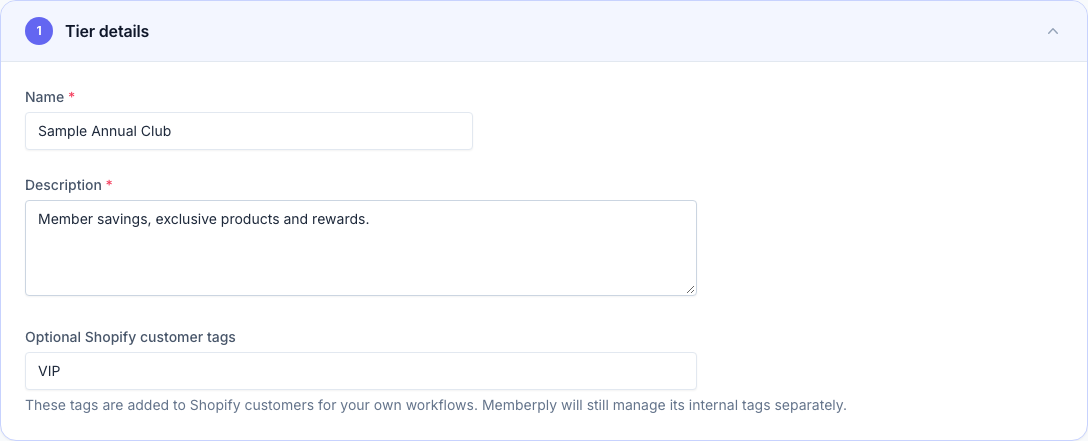 One-time membership tier details