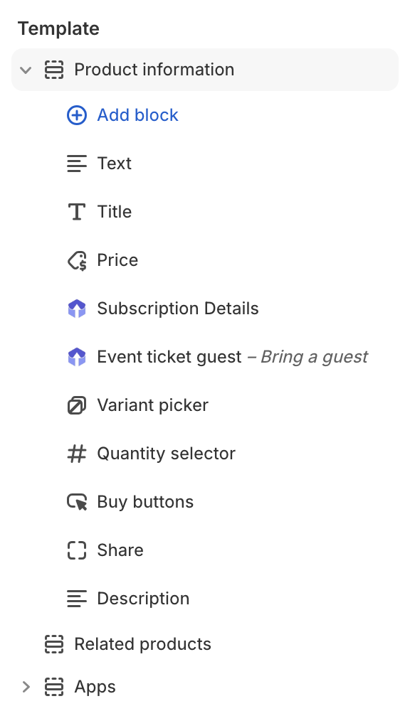 Shopify product template with Product information expanded, Add block, the installed Event ticket guest app block, and Buy buttons
