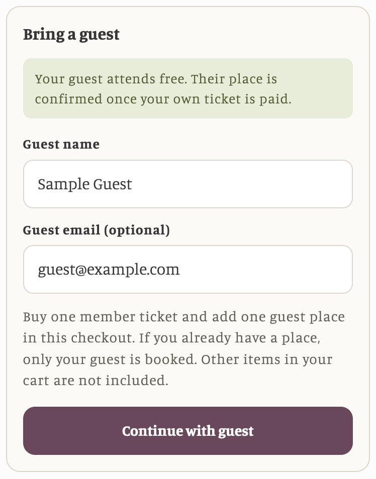 Live Shopify product-page Bring a guest form with a sample guest name, optional email address, checkout explanation, and Continue with guest button