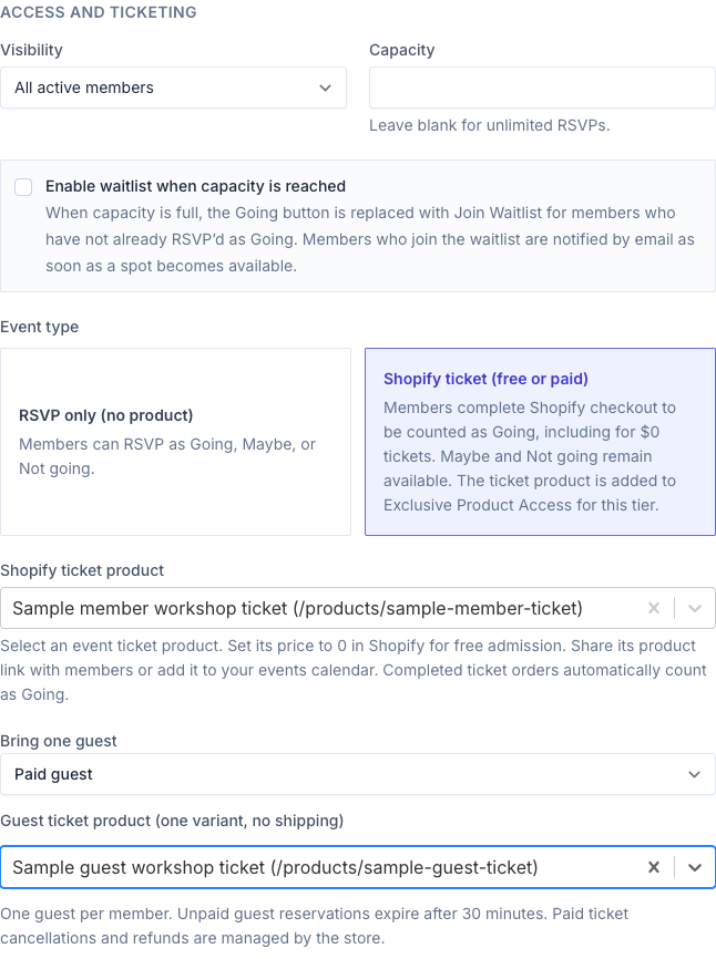 Sample Memberply event settings with a paid member ticket selected, a sample member ticket product, Bring one guest set to Paid guest, and a separate sample guest ticket product