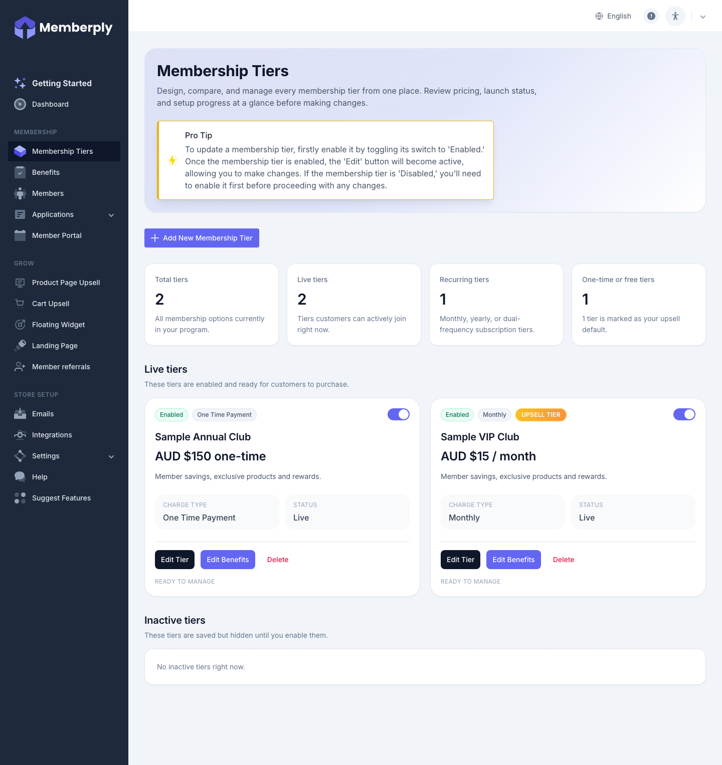 Membership Tiers with Add New Membership Tier, tier toggles, Edit Tier and Delete