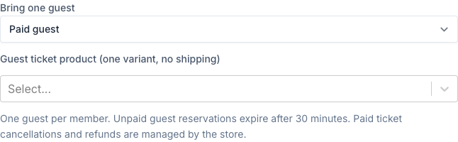 Bring one guest set to Paid guest with the Guest ticket product search field visible
