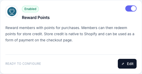 Reward Points benefit card with Enabled toggle and Edit button