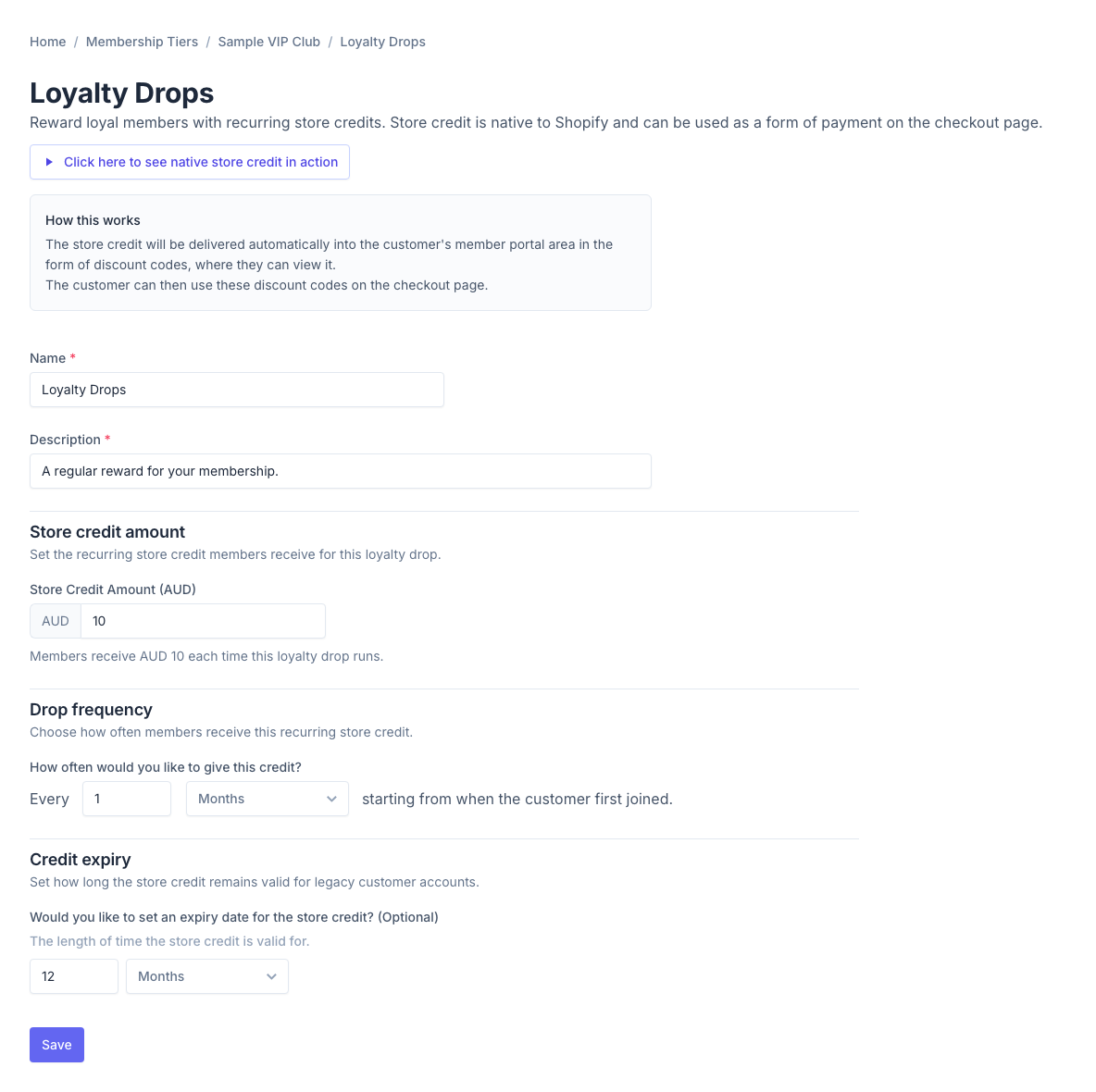 Loyalty Drops settings