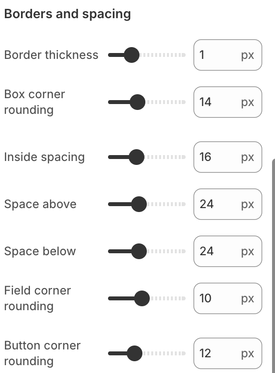 Event ticket guest border and spacing settings showing a 1 pixel border, 14 pixel box corners, 16 pixel inside spacing, 24 pixel outer spacing, 10 pixel field corners and 12 pixel button corners
